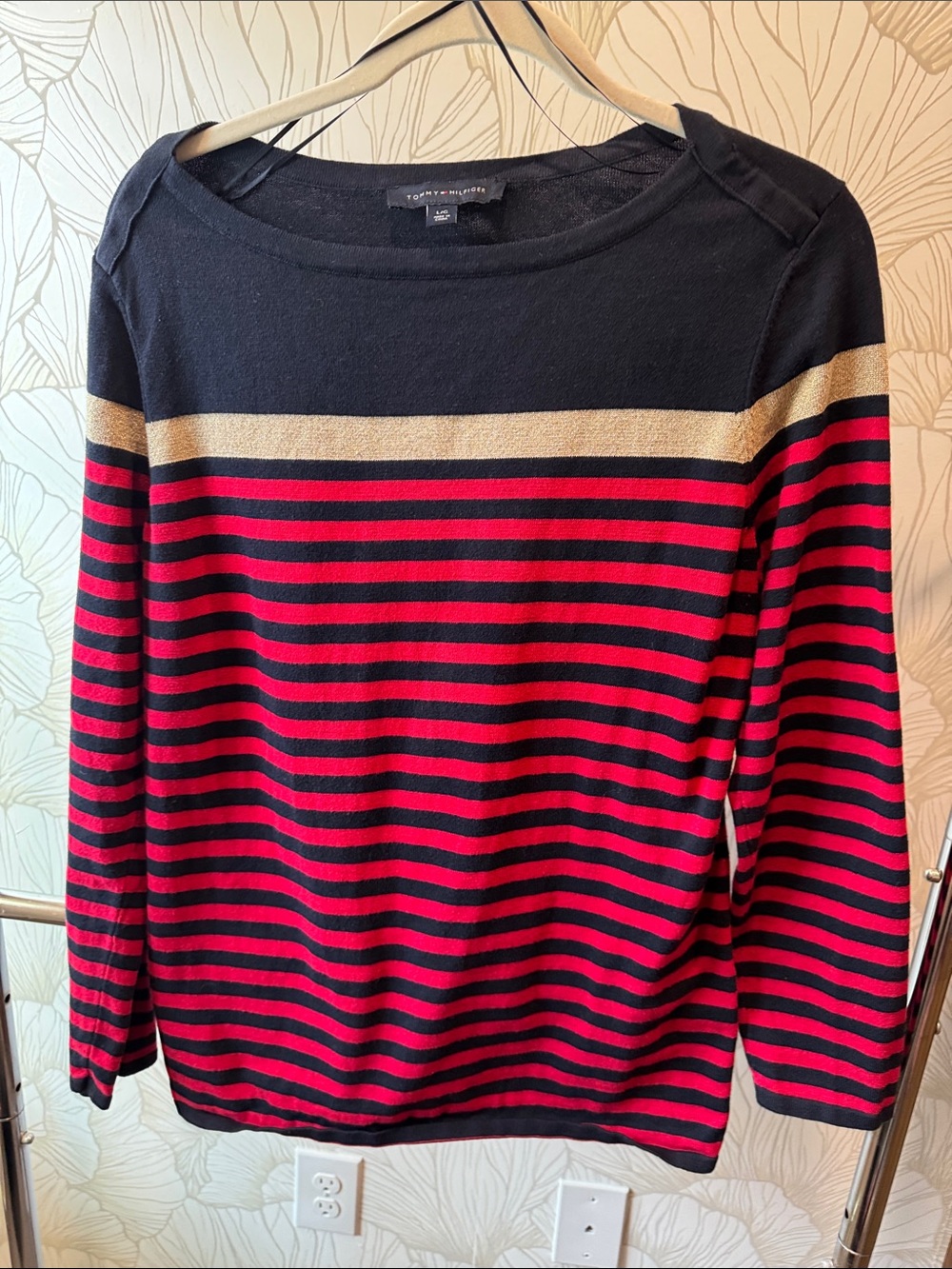 Tommy Hilfiger Classic, Blue, Red & Gold Striped Knit Top